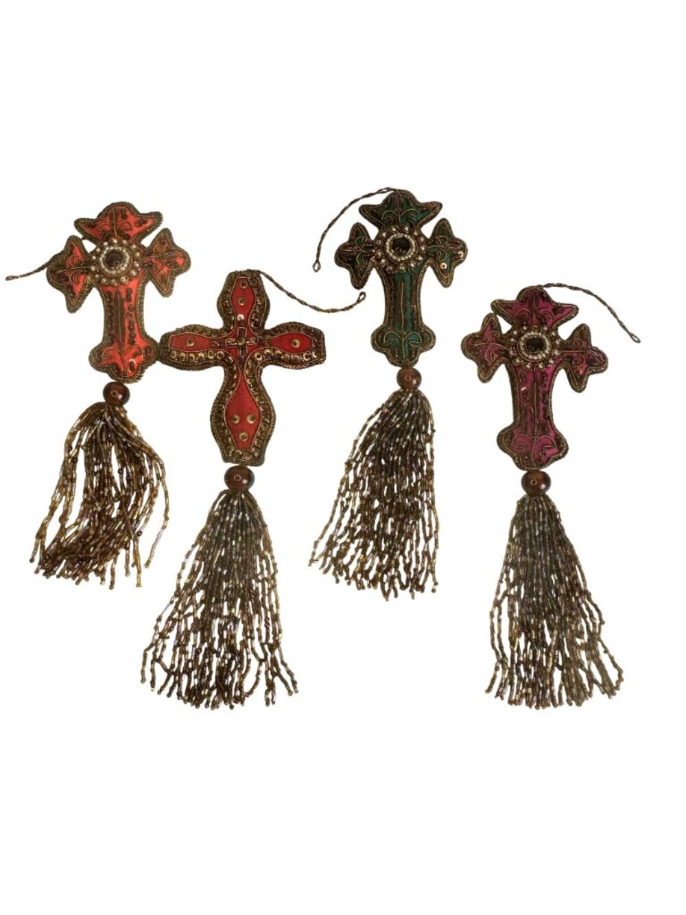 Set Of 4 Beaded Cloth Cross Ornaments With Tassels Embroidered Details - Picture 2 of 4
